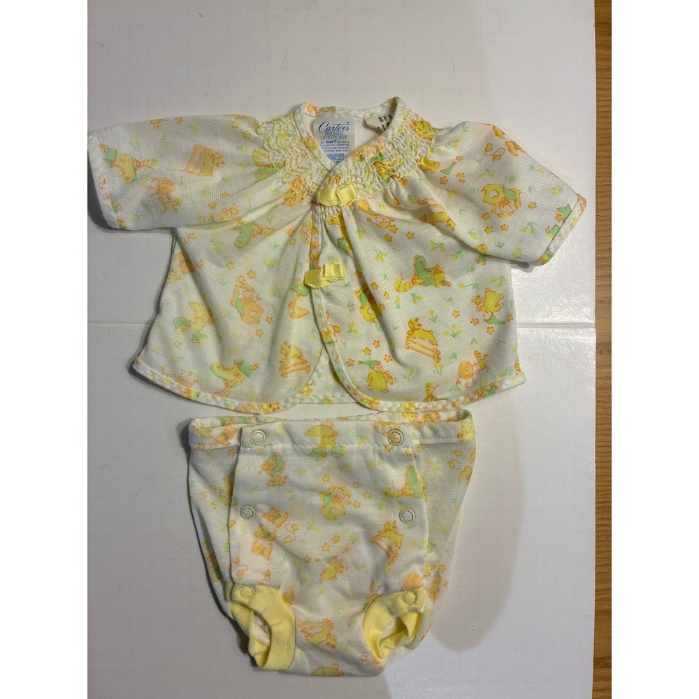 Vintage Carters Baby Layette Set White Yellow Fairy Tale Print Smocked Set